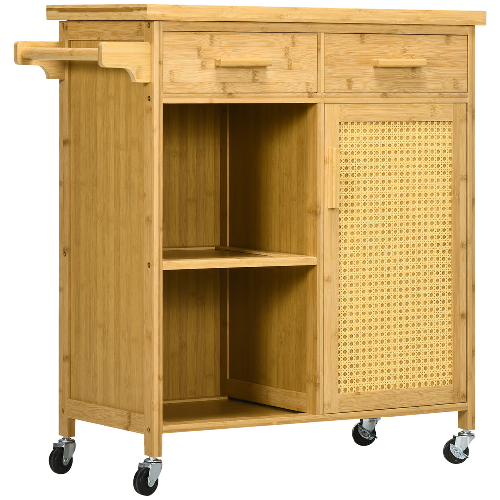HOMCOM Küchenwagen aus Bambus, Mehrzweckwagen, Sevierwagen, 2 Schubladen, 1 Schrank,  2 Regale, Natur