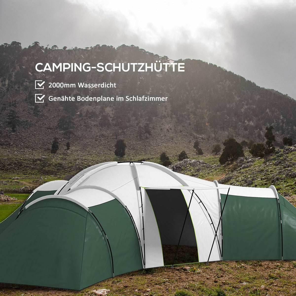Outsunny Campingzelt für 6-9 Personen, 4 Räume, Vorzelt, wasserdicht, 615x 615x225cm, Grün