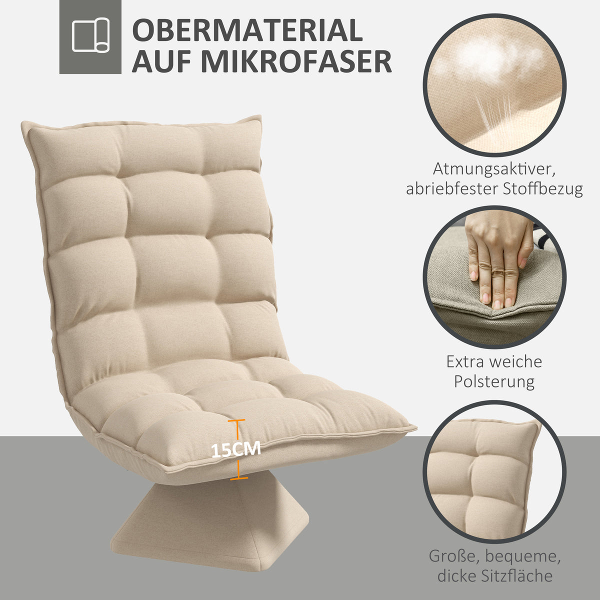 HOMCOM Relaxsessel Lesesessel, drehbar, Leinenoptik, 62 cm x 70 cm x 95 cm, Beige