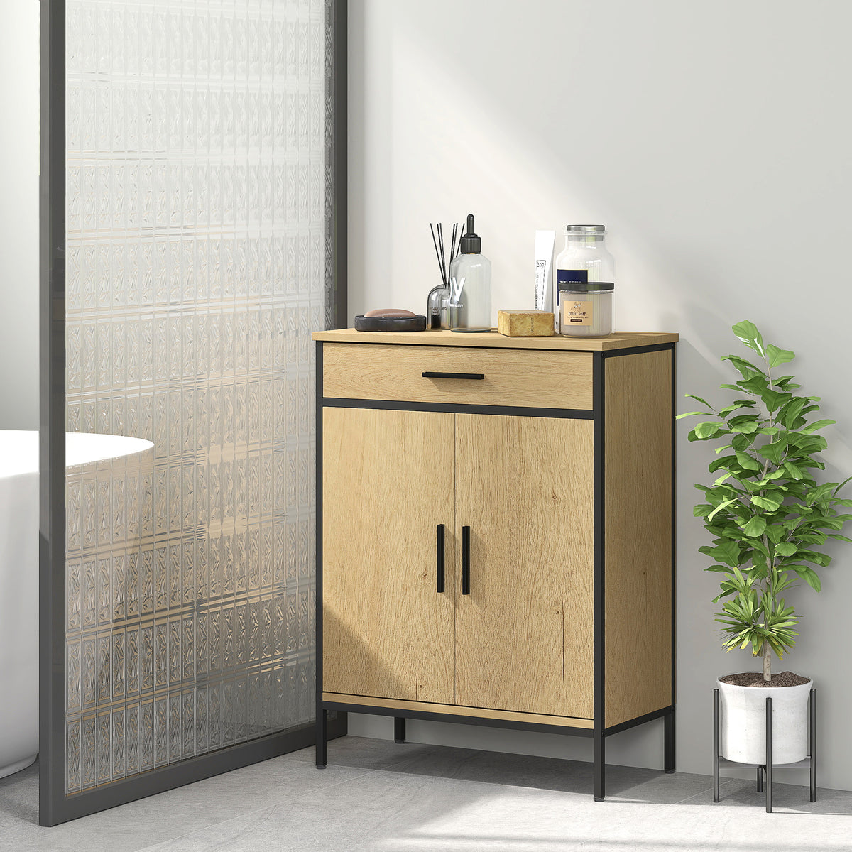 HOMCOM Badezimmerschrank mit Schublade, Zweitürenschränken, verstellbarem Regal und Soft-Close-Scharnieren, 60 x      30 x 80 cm, Eiche