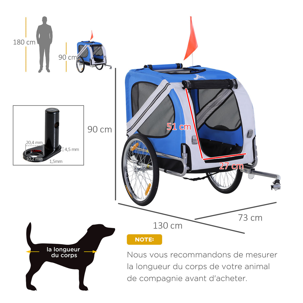 PawHut Fahrradanhänger für Hunde Haustiere 8 Reflektoren Fahnenwimpel Anhängestange inklusive 130 x 73 x 90 cm weiß und blau